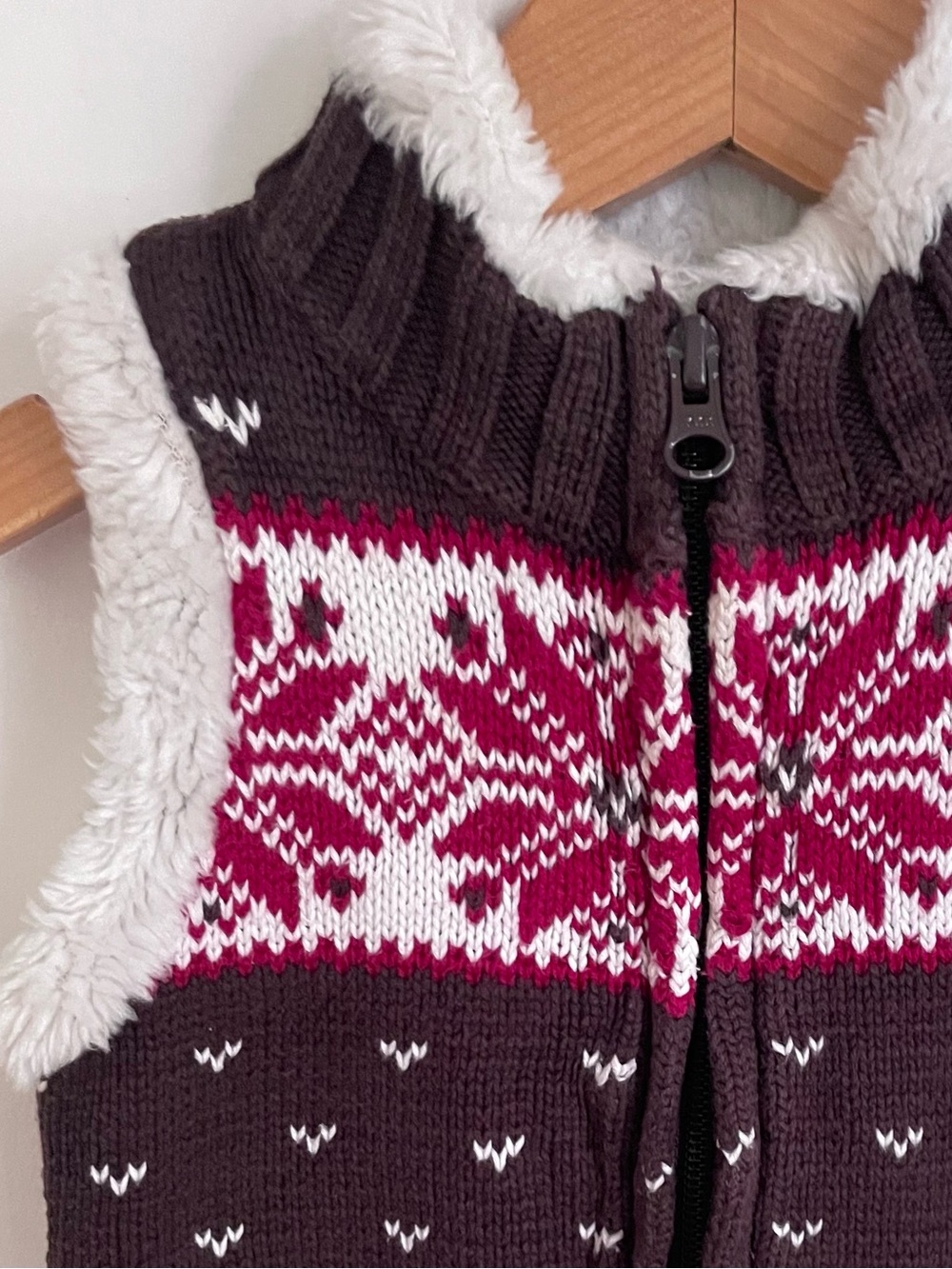 Fair Isle Fleece-Lined Zip Up Sweater Vest, Faux Fur Trim, Brown Red, Unisex